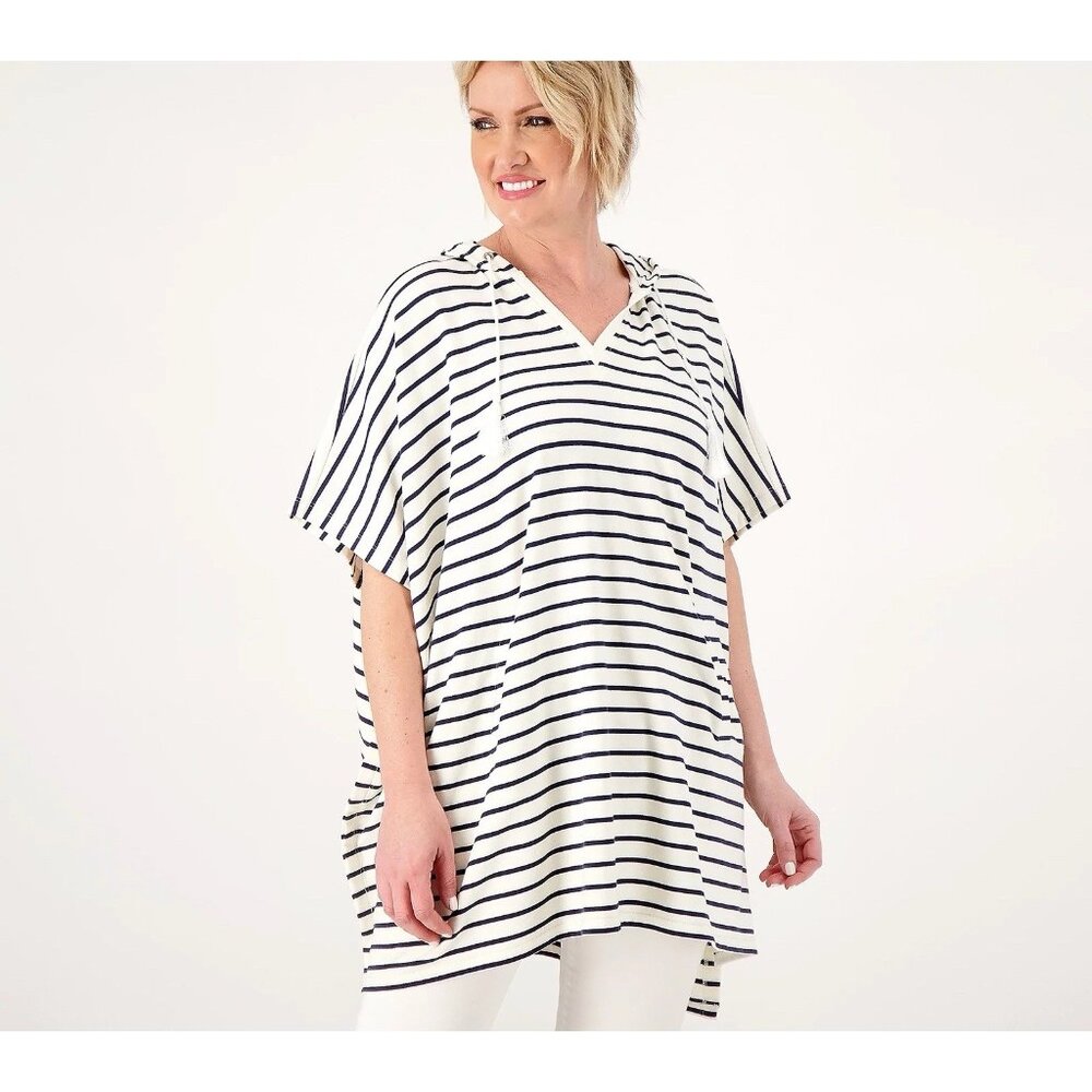 AmberNoon II by Dr Erum Ilyas Terry Stripe Poncho Cover Up Size 1X White A590745